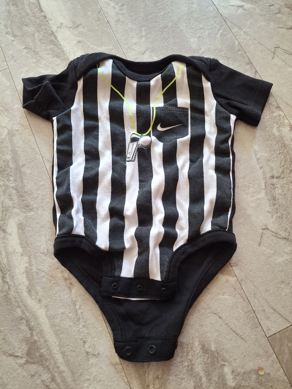 Nike Black & White Referee Stripe Baby Bodysuit with Neon Whistle